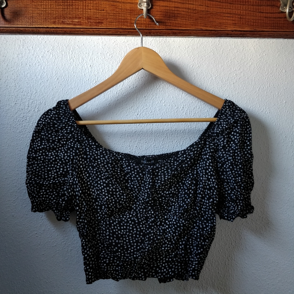 Dynamite Short Sleeve Smocked Crop Blouse